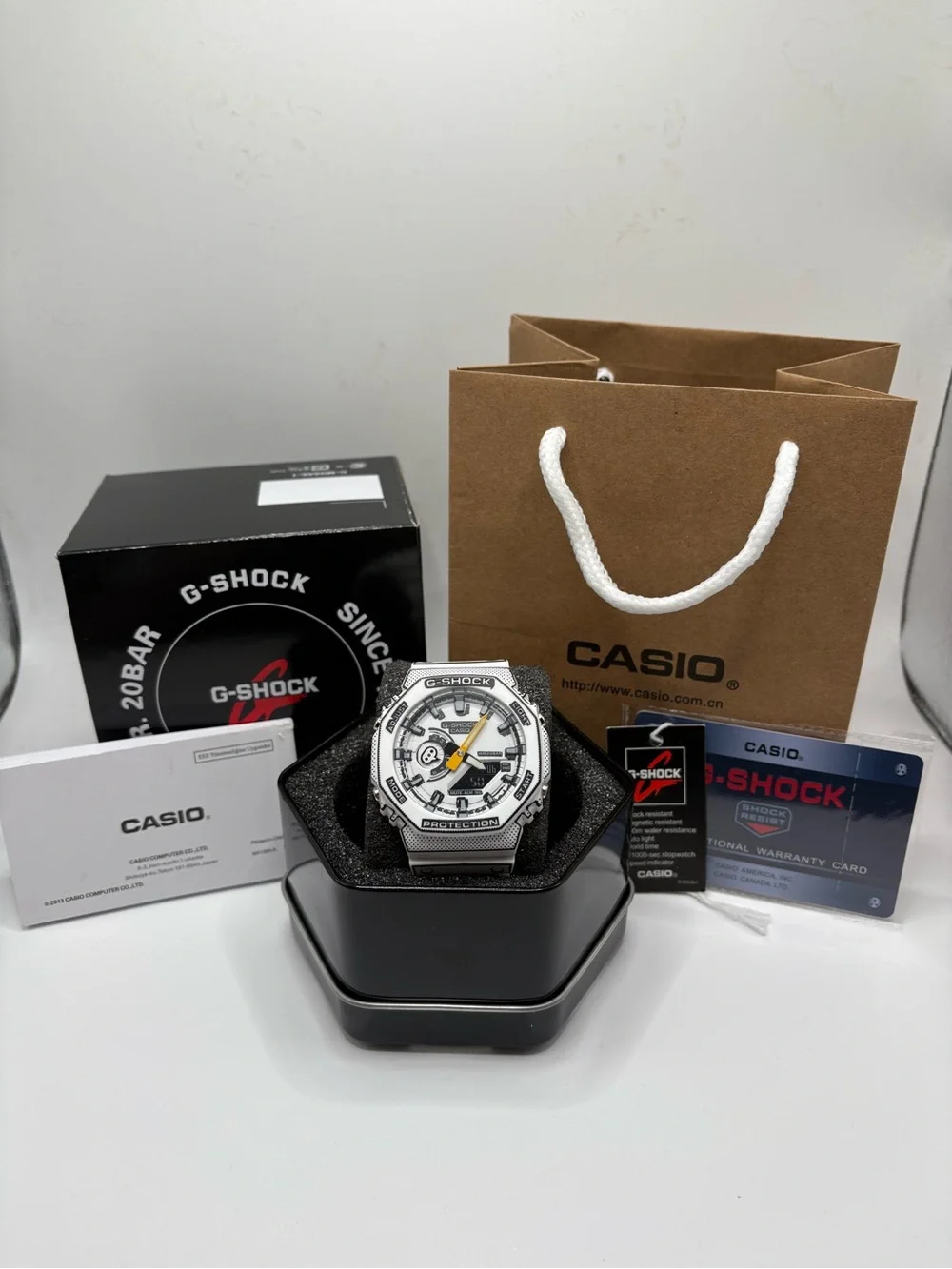 Casio G-Shock White and Black Sport Watch with Yellow Accent